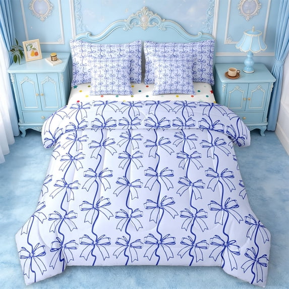 jejeloiu Purple Bow Pattern 7-Piece Twin Bedding Sets,Cartoon Bowknot Bowtie Bedding Comforter Set For Girl Reversible