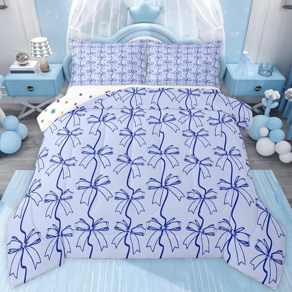 jejeloiu Purple Bow Pattern Queen Comforter Set,Cartoon Bowknot Bowtie Bedding Comforter Set For Girl Reversible 3pcs