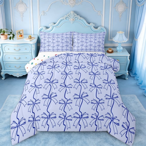 jejeloiu Purple Bow Pattern Queen Comforter Set,Cartoon Bowknot Bowtie Bedding Comforter Set For Girl Reversible 3pcs