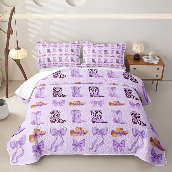 jejeloiu Purple Bow Pattern Twin Quilt Set Kids,Cute Western Cowgirls Boots Twin Coverlet Set For Girls,2 Pieces