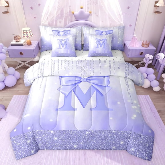 jejeloiu Purple Bows Bowknot 7-Piece Twin Bedding Sets,Letter M Print Bedding Comforter Set For Bowtie Girls Reversible
