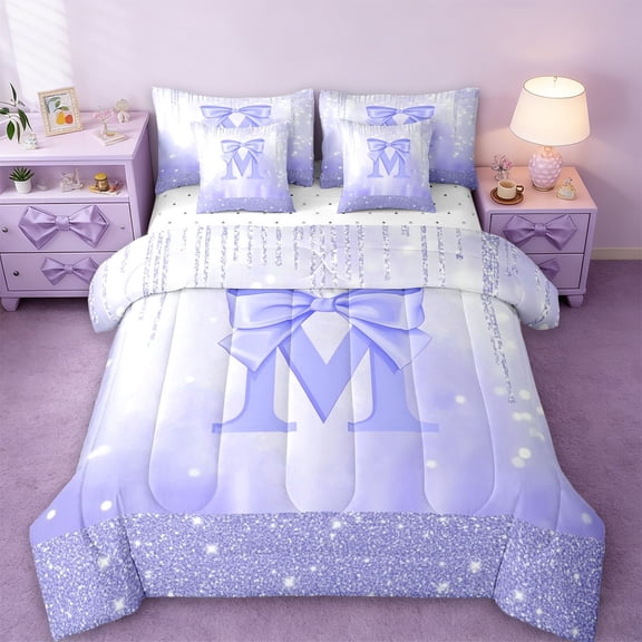 jejeloiu Purple Bows Bowknot 7-Piece Twin Bedding Sets,Letter M Print Bedding Comforter Set For Bowtie Girls Reversible