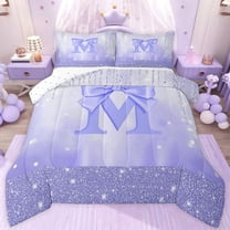 jejeloiu Purple Bows Bowknot Twin Comforter Sets,Letter M Print Bedding Set For Bowtie Girls Reversible 2-Piece