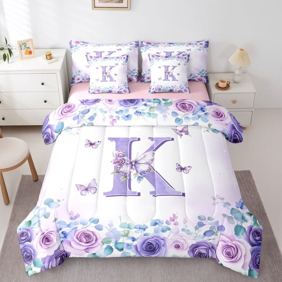 jejeloiu Purple Butterfly Monogram K 7 Pieces Bedding Comforter Set For Girls,Watercolor Flower Blossom Full Bedding Set,Pink Reversible
