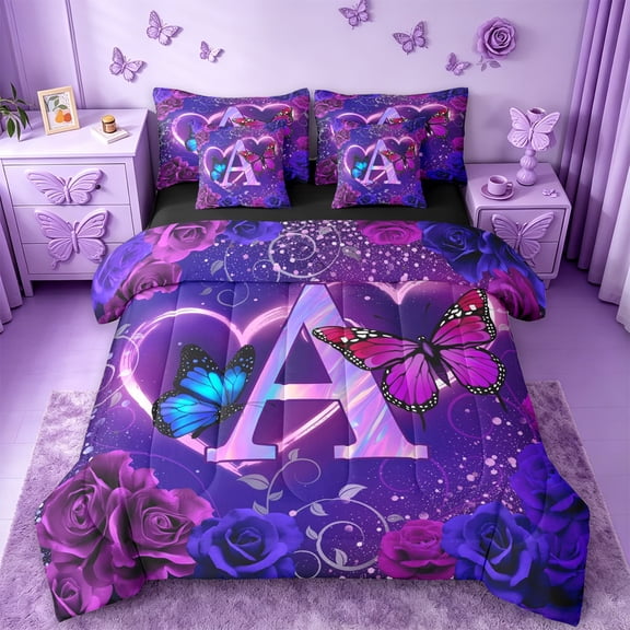 jejeloiu Purple Butterfly Rose Monogram A 7 Pieces Bedding Comforter Set For Girls,Neon Heart Initial Full Bedding Set For Kids,Black Reversible