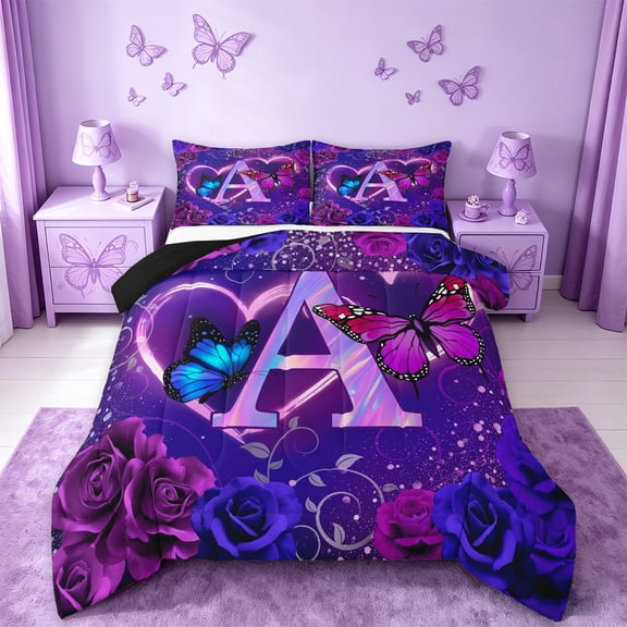 jejeloiu Purple Butterfly Rose Monogram A Full Size Comforter Sets For Girls,Neon Heart Initial Bedding Sets For Kids,Black Reversible,3 Pieces