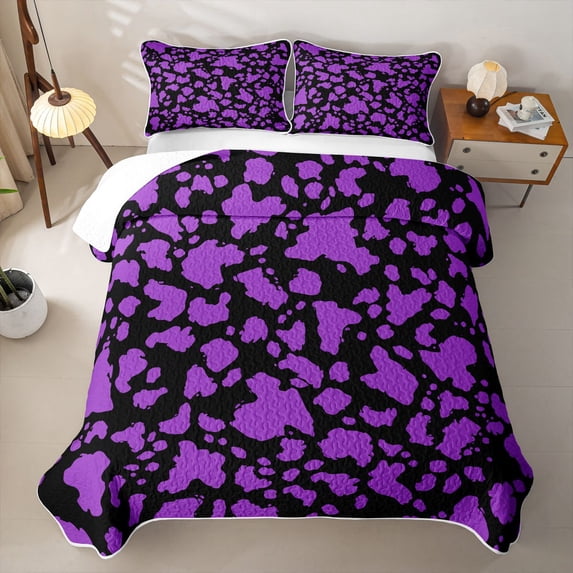 jejeloiu Purple Cattle Print Quilt King Kids,Fashion Cow Pattern King Coverlet Set For Girls,3 Pieces