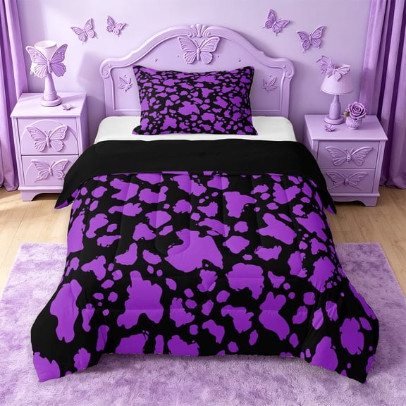 jejeloiu Purple Cattle Print Twin Comforter Sets Kids,Fashion Cow Pattern Bedding Set For Girls,Reversible,2 Pieces