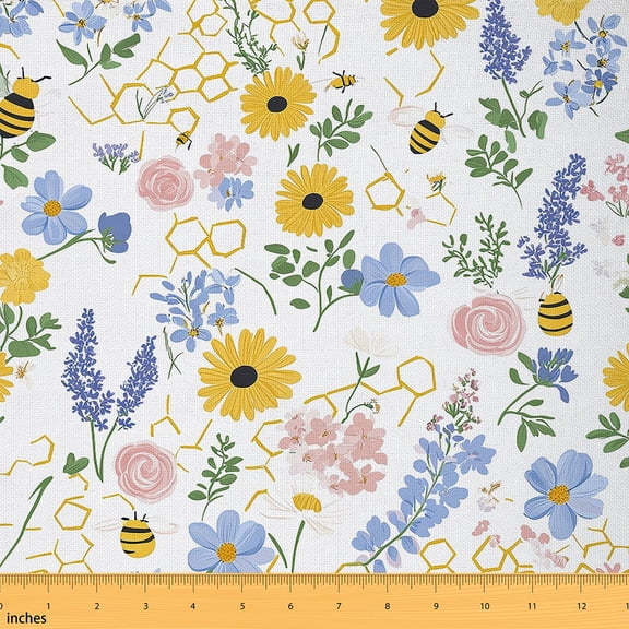 jejeloiu Purple Floral Lavender Fabric by the Yard 2 Yards,Cute Yellow Bee Room Decor Fabric by the Yard,Natural Chic Flower Fabric for Sewing For Girls Boys,Breathable Home Decor