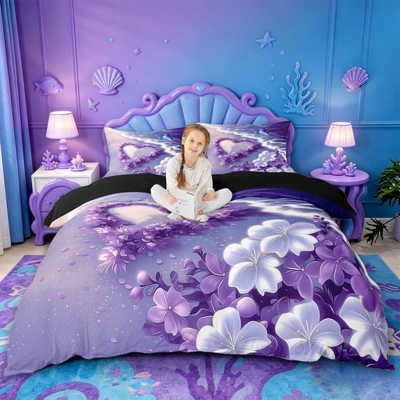 jejeloiu Purple Floral Ocean Bedding For Girls,Heart Print Duvet Cover Full,Multicolor,Black Reversible,3-Piece,1 Duvet Cover and 2 Pillowcases