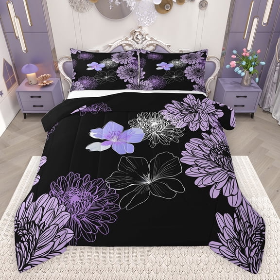 jejeloiu Purple Flower Blossom Bedding Comforter Set,Retro Floral Pattern Twin Comforter Sets,Minimalist Aesthetic Artwork Bedding Set For Girls,Breathable Home Decor Reversible,2-Piece
