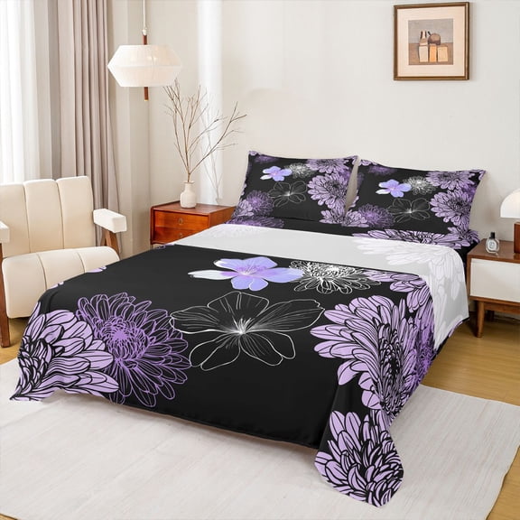 jejeloiu Purple Flower Blossom Twin Sheet Sets,Retro Floral Pattern Twin Fitted Sheet,Minimalist Aesthetic Artwork Flat Sheet For Girls,Breathable Home Decor,3-Piece