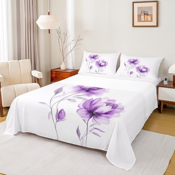 jejeloiu Purple Flower Floral Queen Sheet Sets,Natural Plant Theme Flat Sheet,Modern Minimalsit Aesthetic Queen Fitted Sheet For Girls,Super Cozy Room Decor,4 Pieces