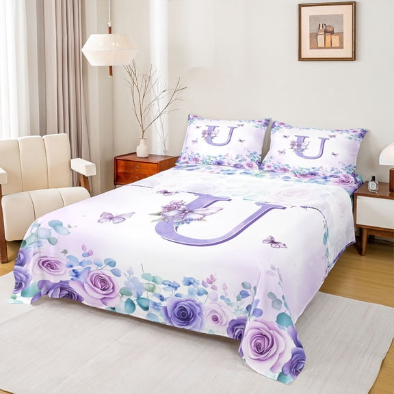 jejeloiu Purple Flowers Monogram U Bed Sheets For Girls,Watercolor Floral Blossom King Sheets,4 Pieces