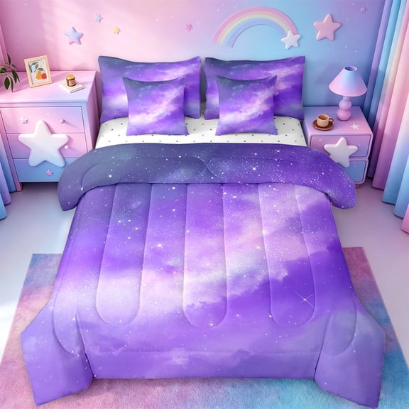 jejeloiu Purple Galaxy Star 7-Piece Twin Bedding Sets Kids,Magical Night Sky Pattern Bedding Comforter Set For Girls,Reversible
