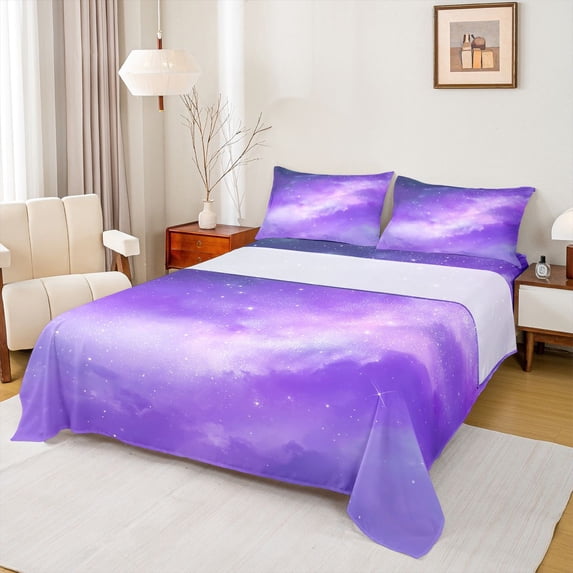 jejeloiu Purple Galaxy Star Bed Sheets Kids,Magical Night Sky Pattern King Sheets For Girls,4-Piece