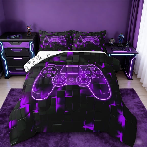 jejeloiu Purple Game Console Bedding Comforter Set,Kids Gamepad Controller Twin Comforter Sets,3D Video Games Bedding Set For Teens,Luxury Bedroom Decor Reversible,2-Piece