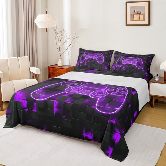 jejeloiu Purple Game Console Twin Sheet Sets,Kids Gamepad Controller Twin Fitted Sheet,3D Video Games Flat Sheet For Teens,Luxury Bedroom Decor,3-Piece