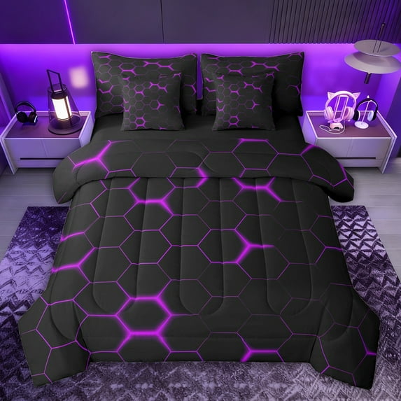 jejeloiu Purple Geometric Hexagon 7-Piece Twin Bedding Sets,Honeycomb Pattern Bedding Comforter Set For Teens Reversible