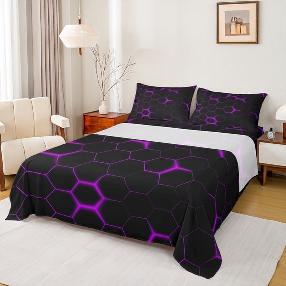 jejeloiu Purple Geometric Hexagon Queen Sheet Sets,Honeycomb Pattern Bed Set For Teens 4 Pieces