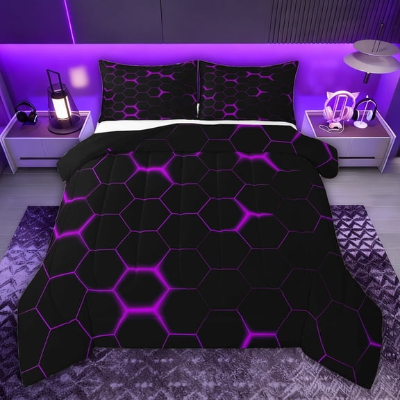 jejeloiu Purple Geometric Hexagon Twin Comforter Sets,Honeycomb Pattern Bedding Set For Teens Reversible 2pcs