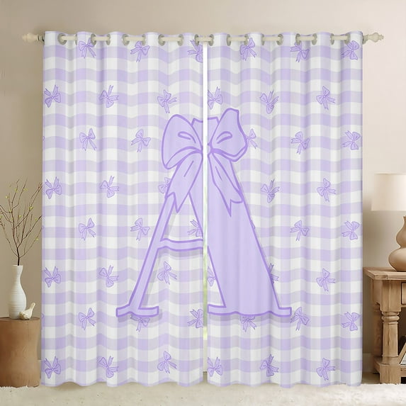 jejeloiu Purple Geometric Plaid Black Out Curtains,Bow Letter A Curtains Pack of 2 (42x63 Each),Kawaii Bowtie Bowknot Bedroom Curtains For Children,Lightweight Room Decor