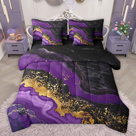 jejeloiu Purple Gold Black 7-Piece Twin Bedding Sets,Marble Fulid Art Bedding Comforter Set,Modern Aesthetic Art Sheet Sets For Adults,Ltra Soft Home Decor Reversible