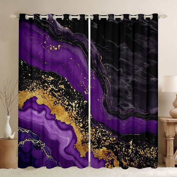 jejeloiu Purple Gold Black Black Out Curtains,Marble Fulid Art Curtains Pack of 2 (42x63 Each),Modern Aesthetic Art Bedroom Curtains For Adults,Ltra Soft Home Decor
