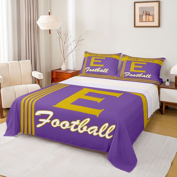 jejeloiu Purple Gold Football City Queen Sheet Sets For Boys,Kids Ball Gaming Bed Set,4pcs