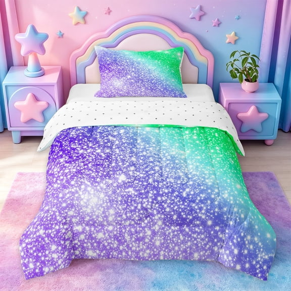 jejeloiu Purple Green Bling Print Twin Comforter Sets Kids,Magical Rainbow Style Bedding Set For Girls,Reversible,2 Pieces