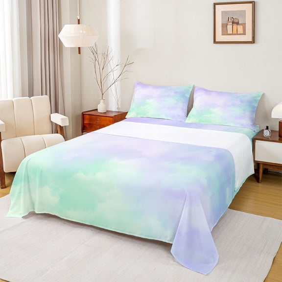 jejeloiu Purple Green Watercolor Cloud Full Size Sheets Kids,Soft Ombre Print Bed Sheets For Girls,4pcs