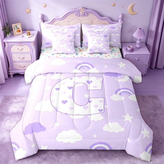 jejeloiu Purple Heart Monogrammed C 7-Piece Twin Bedding Sets For Kids,Rainbow Cloud Stars Letter Design Bedding Comforter Set For Girls,Colorful Stars Reversible