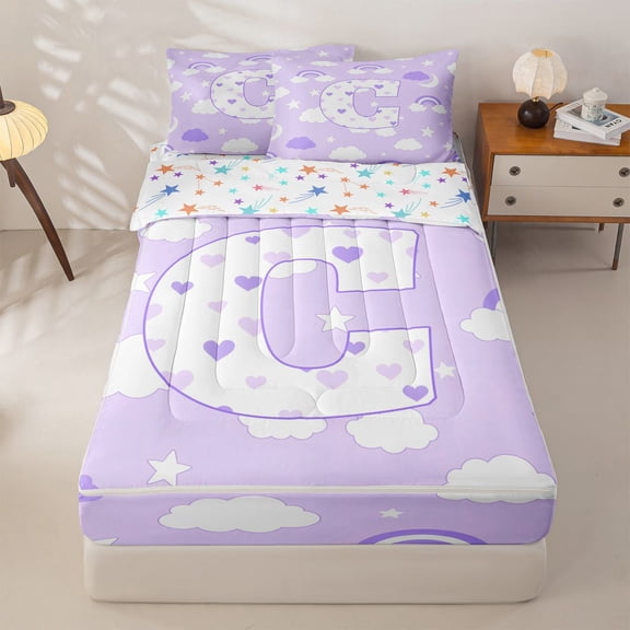 jejeloiu Purple Heart Monogrammed C Zipper Full Size Comforter Sets with Fitted Sheet and 2 Pillowcases,Rainbow Cloud Stars Letter Design Zipper Bedding Set,Colorful Stars Reversible,4 Pieces