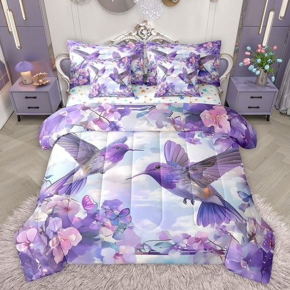 jejeloiu Purple Hummingbird 7-Piece Twin Bedding Sets,Country Floral Flower Bedding Comforter Set,Ink Painting Aesthetic Sheet Sets For Girls,Ultra Soft Home Decor Reversible