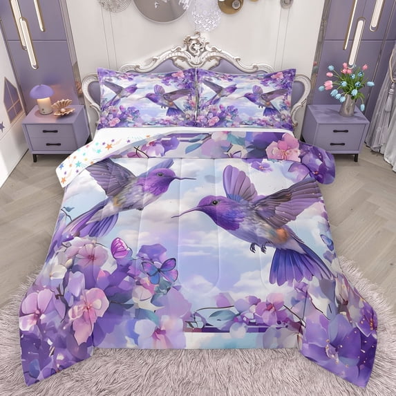 jejeloiu Purple Hummingbird Bedding Comforter Set,Country Floral Flower Twin Comforter Sets,Ink Painting Aesthetic Bedding Set For Girls,Ultra Soft Home Decor Reversible,2-Piece