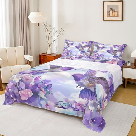 jejeloiu Purple Hummingbird Twin Sheet Sets,Country Floral Flower Twin Fitted Sheet,Ink Painting Aesthetic Flat Sheet For Girls,Ultra Soft Home Decor,3-Piece