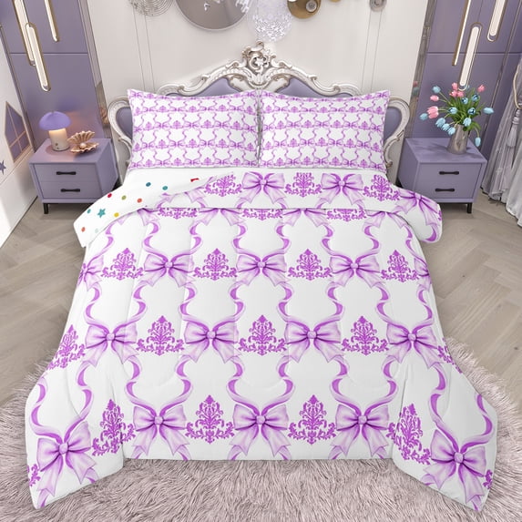 jejeloiu Purple Lovely Bowtie Bedding Comforter Set,Cute Kawaii Bowknot Twin Comforter Sets,Cartoon Bow Ribbon Bedding Set For Girls,Breathable Home Decor Reversible,2pcs