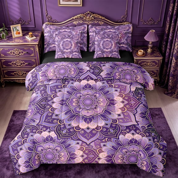 jejeloiu Purple Mandala 7pcs Queen Bedding For Men Women,Intricate Pattern Bedding Comforter Set Queen,Lavender Gold,Black Reversible