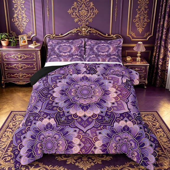 jejeloiu Purple Mandala Queen Comforter Set For Men Women,Intricate Pattern Comforter Sets Queen,Lavender Gold,Black Reversible,3 Pieces,1 Comforter and 2 Pillowcases