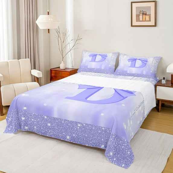 jejeloiu Purple Monogrammed D Bed Sheets,Ribbon Bowknot Bow King Sheets For Girls Teens 4-Piece