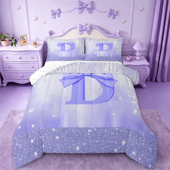 jejeloiu Purple Monogrammed D Twin Comforter Sets,Ribbon Bowknot Bow Bedding Set For Girls Teens Reversible 2-Piece
