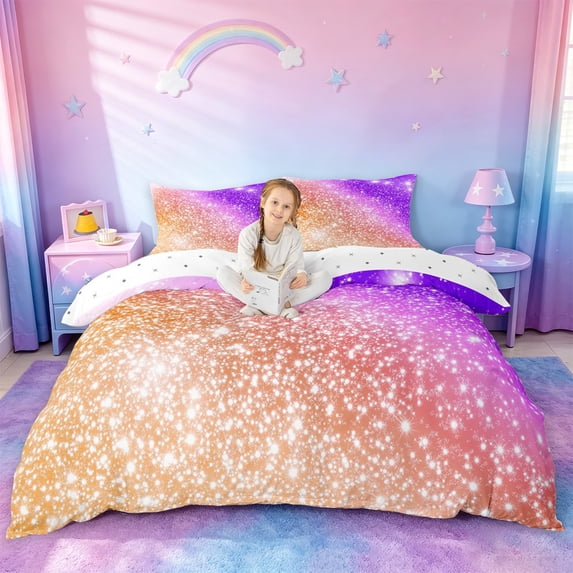 jejeloiu Purple Orange Sparkling Print Duvet Cover Set Kids,Multicolor Aesthetic Art Bedding Full For Girls,Reversible,3-Piece(No Comforter)