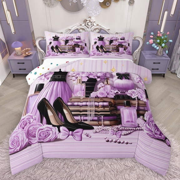 jejeloiu Perfume Purple Queen 3-Piece Reversible Girls Ultra Soft Princess High Heel Valentine Floral Comforter Set