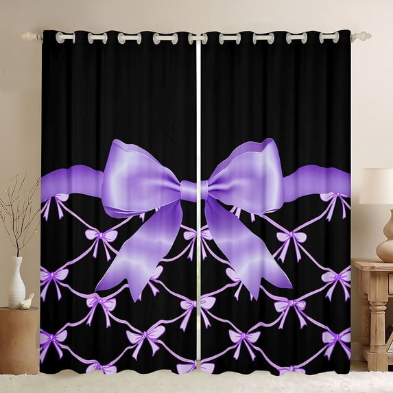 jejeloiu Purple Ribbon Bowknot Blackout Curtains Set of 2 (52x84 Each),Cartoon Cute Bowtie Window Curtains For Teens