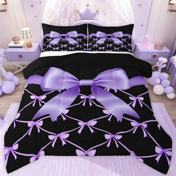 jejeloiu Purple Ribbon Bowknot Twin Comforter Sets,Cartoon Cute Bowtie Bedding Set For Teens Reversible 2pcs