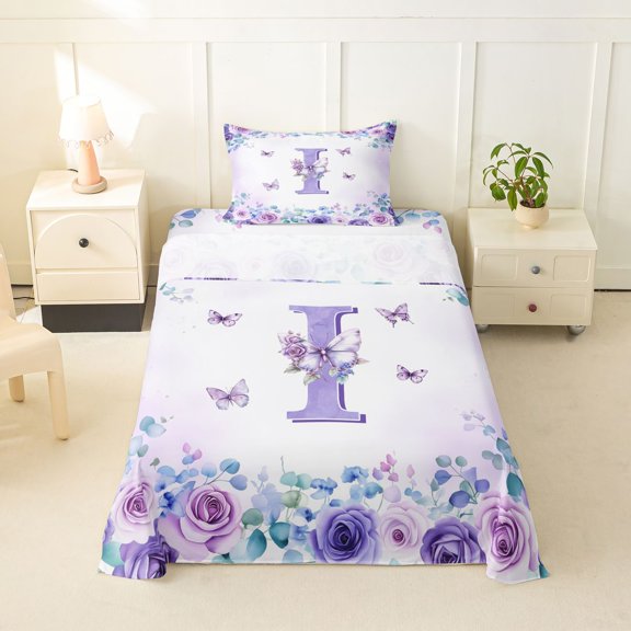 jejeloiu Purple Rose Monogram I Twin Sheet Sets For Girls,Butterfly Floral Initial Design Bedding,3pcs