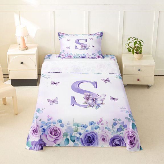 jejeloiu Purple Rose Monogram S Twin Sheet Sets For Girls,Butterfly Flower Initial Design Bedding,3-Piece