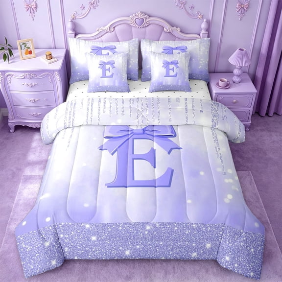 jejeloiu Purple Sequin Print 7 Pieces Bedding Comforter Set,First Letter E Full Bedding Set For Bow Lovers Reversible
