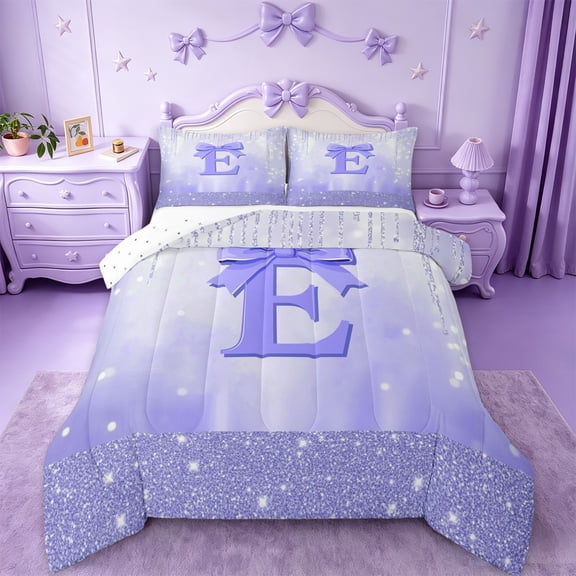 jejeloiu Purple Sequin Print Twin Comforter Sets,First Letter E Bedding Set For Bow Lovers Reversible 2 Pieces