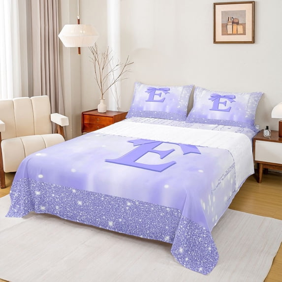 jejeloiu E Bow Purple Sequin Twin 3-Piece Reversible Monogram Ribbon Sheet Set